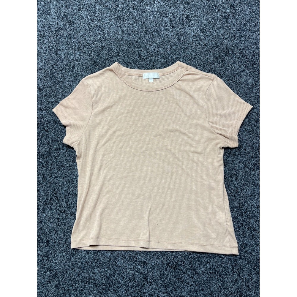 Riley & James Womens Ribbed Short Sleeve T-Shirt Tan Beige Crewneck Top Size S